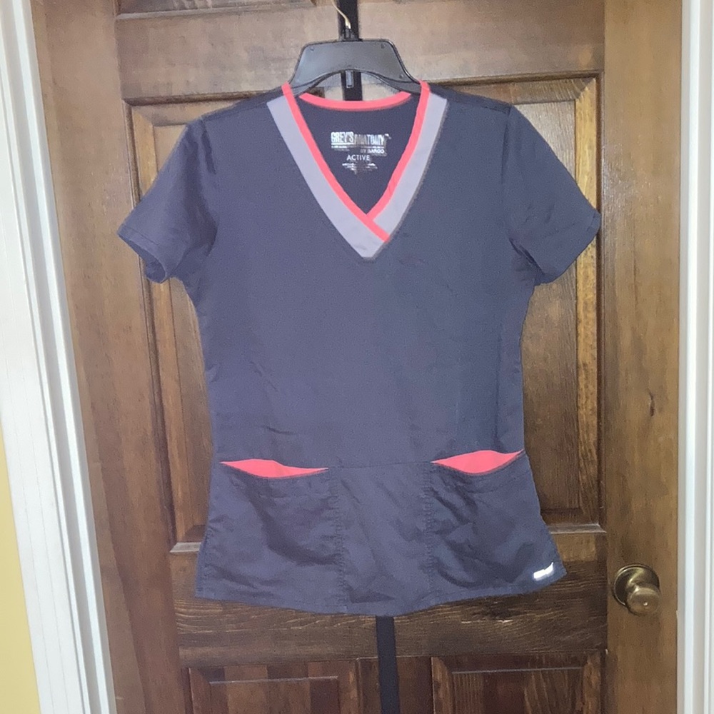 Grey's Anatomy Charcoal and Coral V-Neck Scrub Top